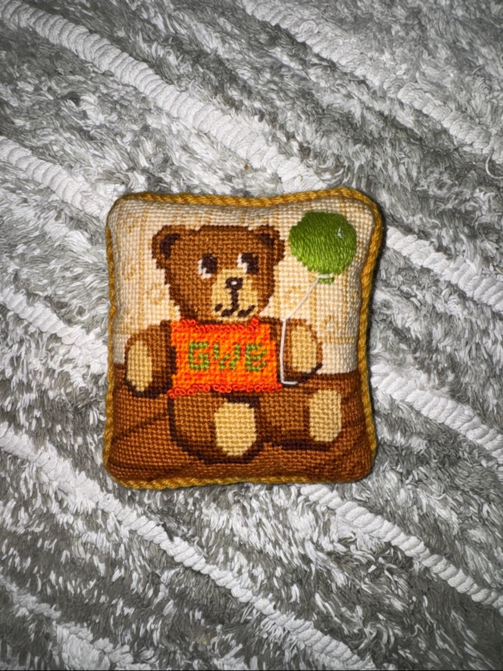 Handmade Teddy Bear Needlepoint Pillow - Brown, Orange, Green